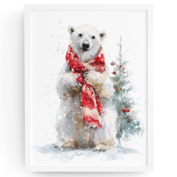 Watercolor Polar Bear with Red Scarf Portrait Wall Art Print Poster, Unframed - Picture 1 of 5